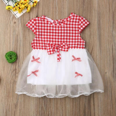 

US Infant Baby Girls Kid Dress Bow-Knot Plaid Ruffle Tulle Skirt Sunsuit Clothes