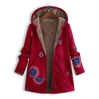 

Womens Warm Hoodie Hooded Coat Zip Up Print Jacket Long Sleeve Plush Outwear