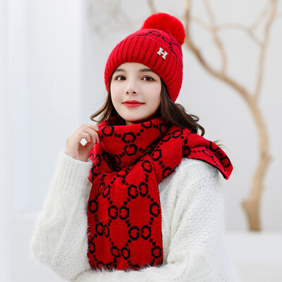 

In autumn&winter simple fur ball hat ladies set knitted scarf two-piece fashion warm&cold-proof head cap
