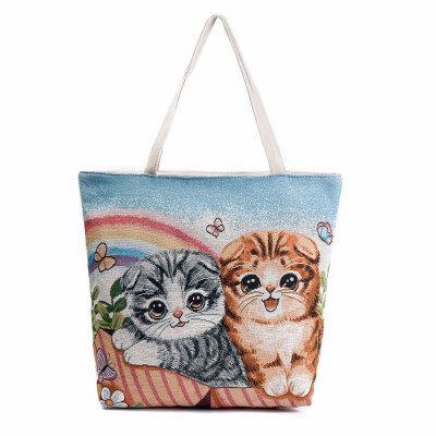 

Tailored Cat Printed Canvas Tote Casual Beach Bags Women Shopping Bag Handbags