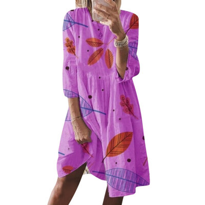 

Women Autumn Casual Chiffon Seven-point Sleeve Round Neck Loose Casual Print High Waist Ethnic Style Simple Dress