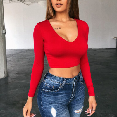 

Fashion Women Casual Tank Crop Tops Vest Blouse Off Shoulder Long Sleeve T-Shirt