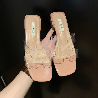 

2019 New summer clear crystal cool slippers womens outer dress red Korean high heel&thick heel