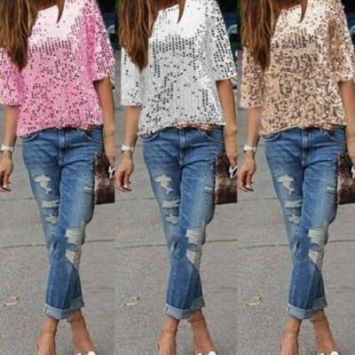 

Women Ladies Sloping Shoulder Glistening Sequin Slim Shirt Tops Blouses T Shirt