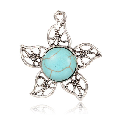 

Flower Alloy Synthetic Turquoise Pendants Antique Silver 31x29x6mm Hole 2mm