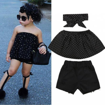 

Toddler Kids Girls Off Shoulder Dot Tops Hot Pants 3Pcs Outfits Set Clothes