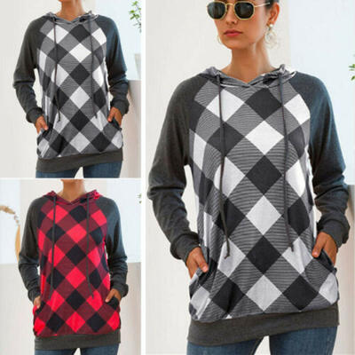 

UK Womens Long Sleeve Plaid Hoodie Sweatshirt Lady Casual Pullover Sweatshirt