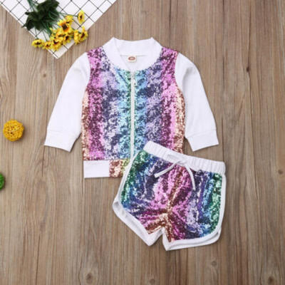 

Girls Kids Fall Sweatshirt Outfit Sequin Zipper Pullover Tops Shorts Clothes Set