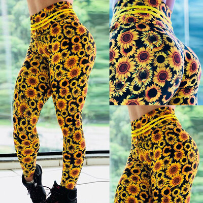 

Gobestart Womens Sunflower Printed Hip Breathing Exercise Running Pants