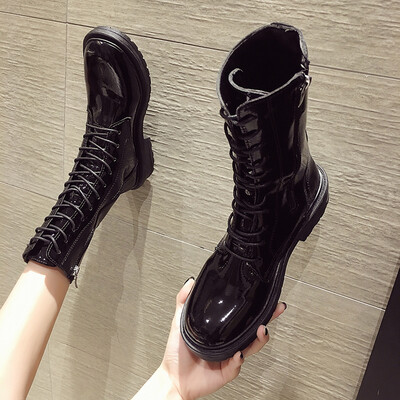 

Motorcycle Martin Boots New British Style Bright Leather Rough heel&Handsome Shoe Trend in Autumn in Europe&America