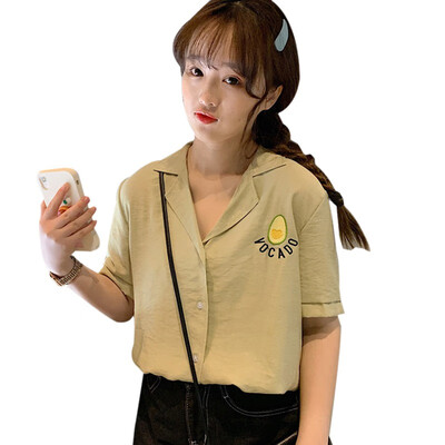 

Women Fresh Blouse Short Sleeve Embroidery Turn-down Collar Casual Loose Single Breasted Chiffon Blouse