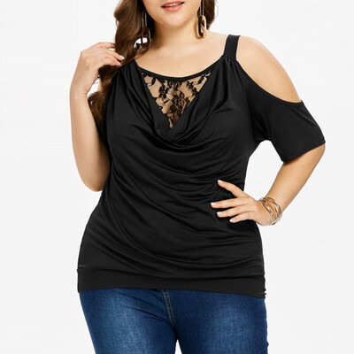 

Roseonmyhand Fashion Womens Plus Size Lace Solid Cold Shoulder Cowl Neck T-shirt Tops Blouse