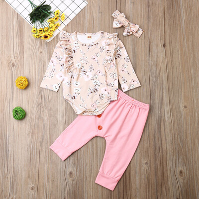 

Newborn Infant Baby Girl Ruffle Romper Tops Floral Pants 3PCS Outfits Clothes