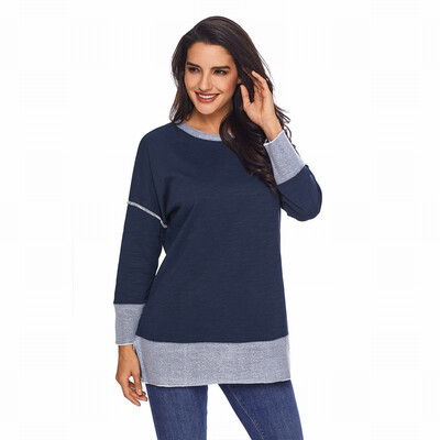 

Two-color stitching round neck long-sleeved bottoming shirt sports casual straight top