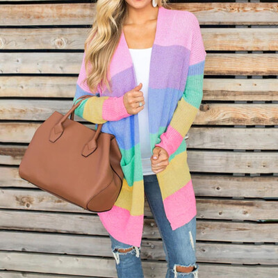 

Nomeni Plus Size Womens Patchwork Long Sleeve Rainbow Stripe Cardigan Tops Sweater Coat