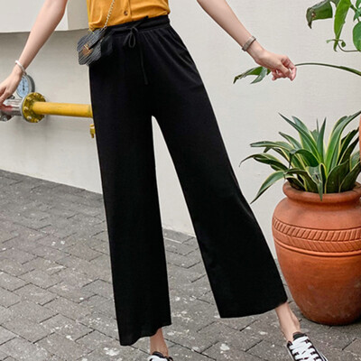 

Women Ice Silk Wide Leg Pants Ladies High Waist Casual Loose Straight Trousers