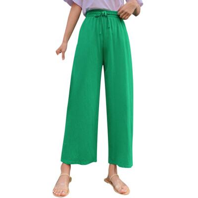 

Fashion Women Cotton Linen Blend Long Pants Casual Wide Leg Beach Loose Trousers