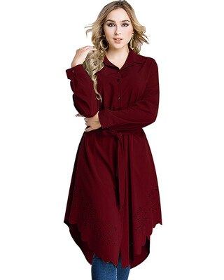 

Women Plus Size Shirt Dress Burning Flowers Hollow Out Irregular Hem Belted Casual Tunic Long Blouse Top