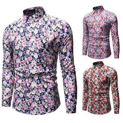 

Mens Shirt Fashionable Casual Slim-fit Floral Printed Long Sleeve Shirts