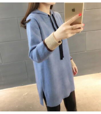 

Medium&long loose hooded knitted winter 2018 womens wear new woollen sweater Korean version of the pure color sweater coat