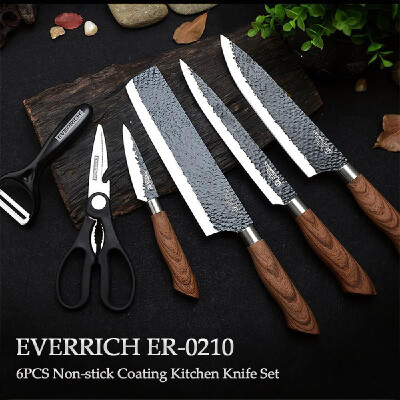 

EVERRICH ER-0210 6PCS Kitchen Knife Set Non-stick Coating Stainless Steel Chef Knife Carving Knife Cleaver Scissors for Kitchen Ba