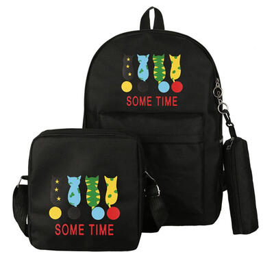 

3pcsSet Women Backpack Girl Cat Print Canvas Composite Crossbody Schoolbag