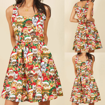 

Gobestart Women O-Neck Cat Christmas Hat Printed Christmas Sleeveless Dress