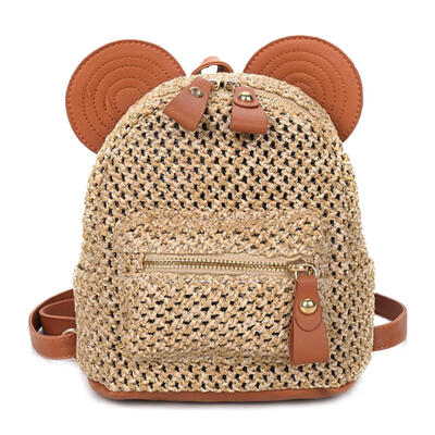 

Ear Decor Travel Backpacks Women Knapsack Straw Shoulder Top-handle Bags