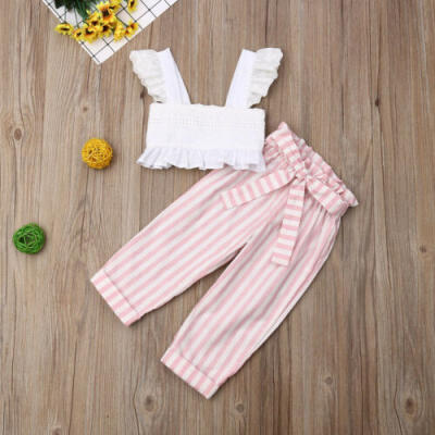 

Toddler Kids Girls Summer Outfits Clothes Ruffle Crop TopsStriped Pants Sets