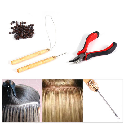 

100PCS Silicone Beads Hair Extension Micro Rings Hook Needle Pulling Loop Plier Tool Kit Plier Hair Extension Beads