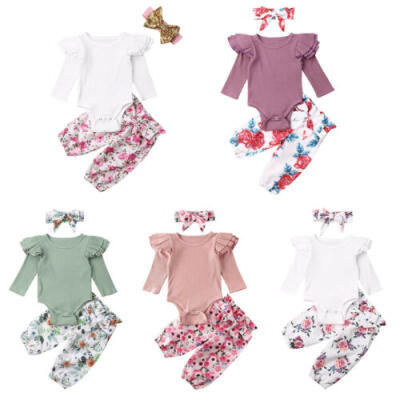 

3PCS Newborn Infant Baby Girls Floral Outfits Bodysuit Romper Pants Clothes Set