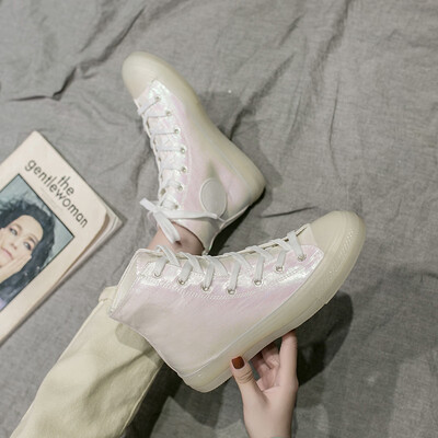 

2019 New Tide Shoes ins Super Fire Laser Jelly Colorful Crystal Shell Powder Rainbow Canvas High Top Shoe Women