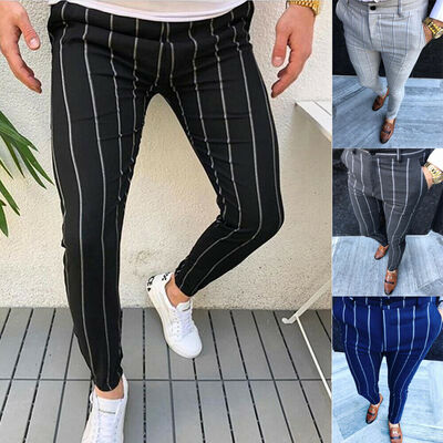 

Mens England Retro Dress Pants Formal Plaid Stripe Pants Casual Trouser