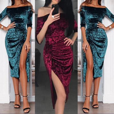 

1 Pcs Fashion Strapless Women Off Shoulder High Slit Bodycon Dress Long Sleeve Velvet Dresses