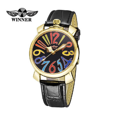 

WINNER Fashion Women Automatic Mechanical Watch Self-winding Eye-catching Skeleton Hollowed-out Wristwatch with Colorful Hour Mark