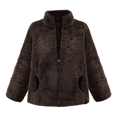 

Toponeto Womens Plus SIze Fashion Lapel Solid Color Loose Plush Zip Pocket Jacket Coat