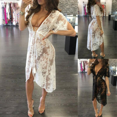 

Women Sexy Lace Kimono Beach Cardigan Bikini Cover Up Wrap Beachwear Long Dress