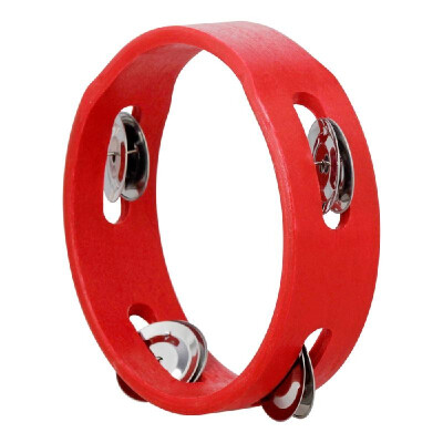 

6 Inch Handheld Wooden Tambourine Hand Bell Percussion Musical Toy Single Row Metal Jingles Red for Party Kids Games