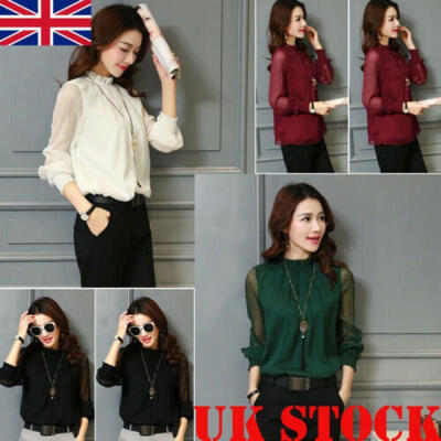 

Fashion Women Ladies High Neck Long Sleeve Tops Casual Ruffle Hem T Shirt Blouse