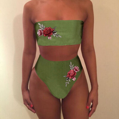 

Roseonmyhand Women Fashion Sexy Swimwear Embroidered Rose High Waist Bikini Set Bathing Suit
