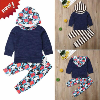 

US Infant Baby Girl Boy Hooded Romper Bodysuit Top Stripe Pant Outfit Autumn Set