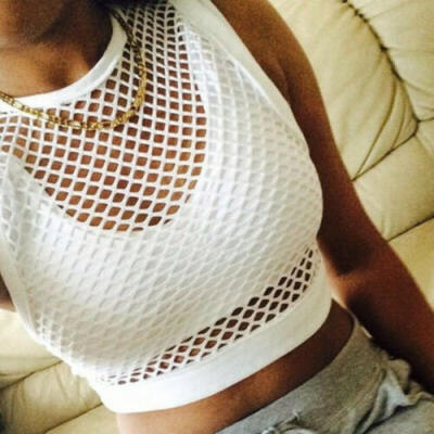 

Women Ladies Sleeveless See Through Mesh Fishnet Crop Top Shirt Bikini Cover Up