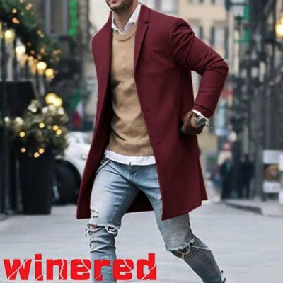 

Men Wool Coat Winter Trench Coat Outwear Overcoat Long Sleeve Button Up Jacket
