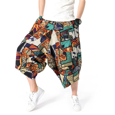 

Tailored Mens Wide Crotch Harem Cotton Linen Wide-legged Bloomers Baggy Cropped Trousers