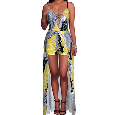 

Starmoon Women Fashion Sexy Feather Print Sling Front Short Long Jumpsuit