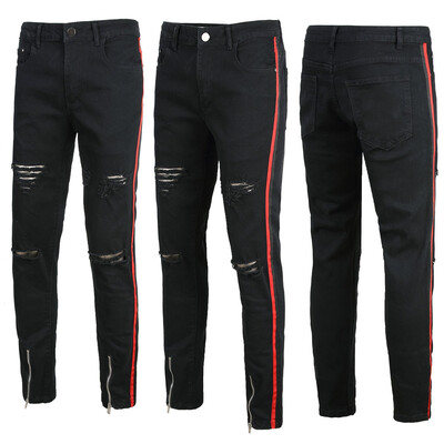 

Gobestart Mens fashion black Zipper Stretch Denim Pants Slim Fit Jeans Trousers