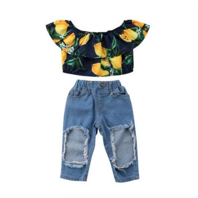 

Newest Toddler Kids Girls Denim Outfit T shirt TopsRipped Jeans 2PCS Clothes Set