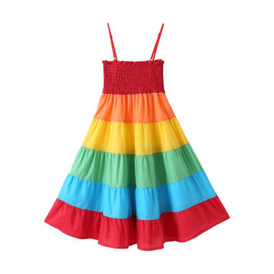 

Girls Spaghetti Strap Dress Summer Rainbow Splicing Color Children Clothing