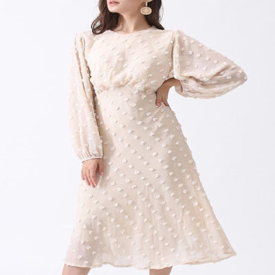 

Stretch Waist Solid Bishop Long Sleeves Applique Midi Dress