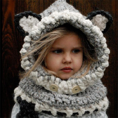 

Cute Baby Unisex Knitted Hat Fox Style 3D Ears Button Hooded Scarf Shawl Winter Warm Animal Cap Headwear OrangeGray
